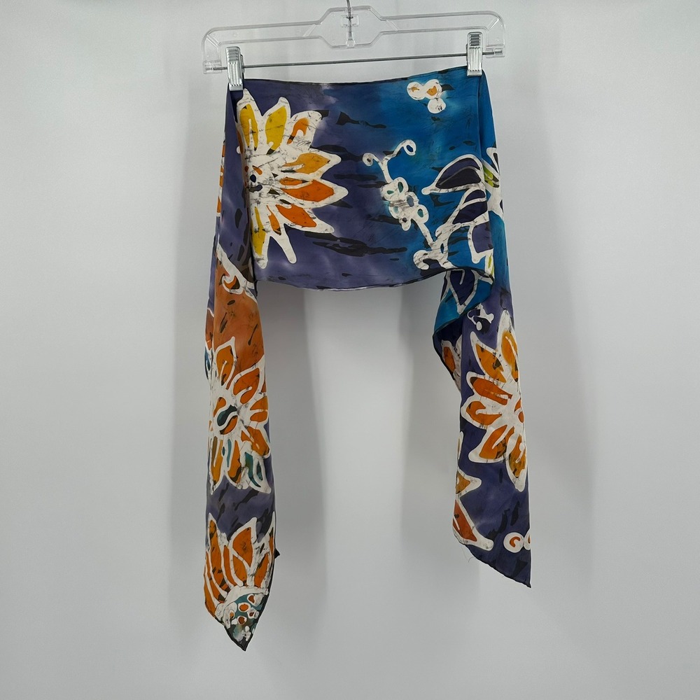 Womens Silk Vintage Scarf Abstract Floral Boho Artistic Coastal Resort Botanical